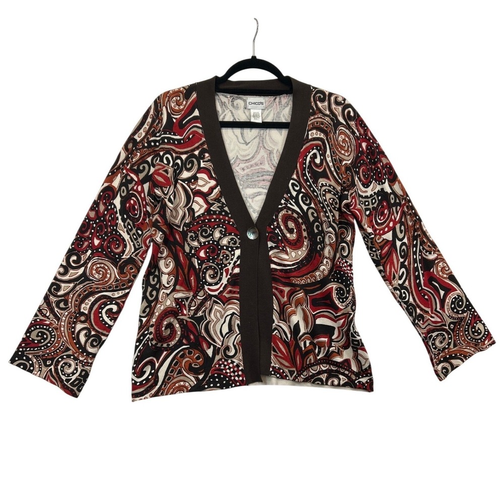 Chicos Cardigan Womens 1 Small Brown Silk Blend Paisley Print Long Sleeve